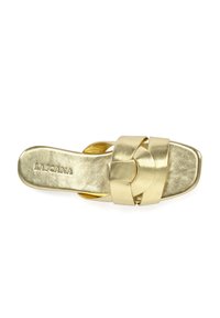Gold slide sandal with a square toe, featuring a wide, interwoven strap and a smooth metallic finish. Logo embossed on the insole.