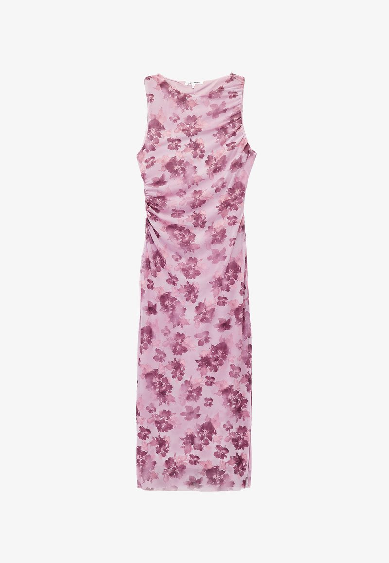 Ärmelloses, enganliegendes Kleid aus durchscheinendem rosa Stoff, das ein florales Muster in verschiedenen Lila-Tönen und ein gerafftes Seiten-Detail zeigt.