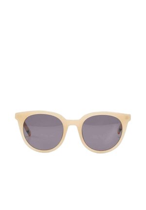 Lunettes de soleil à monture beige avec des verres gris arrondis, conçues pour la protection solaire et le style.