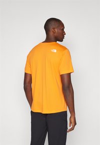 Korte ermene, rund hals t-skjorte i skarp oransje stoff. Har en hvit logo på baksiden og en glatt, lett tekstur.