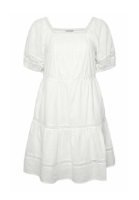 Vestido de lino blanco con escote cuadrado, mangas cortas abullonadas y falda con volantes. Presenta detalles de encaje a lo largo de las mangas y la cintura.