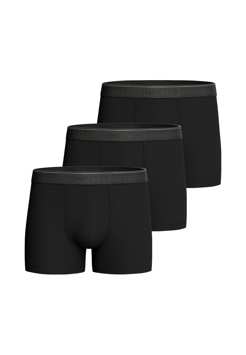 Black boxer briefs in a pack of three. Made of soft, stretchy fabric with a smooth finish. Features elastic waistband with "IMPETUS" branding.