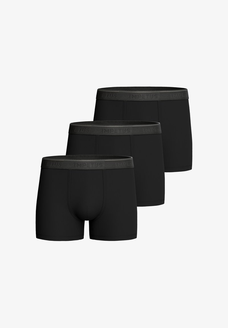Black boxer briefs in a pack of three. Made of soft, stretchy fabric with a smooth finish. Features elastic waistband with "IMPETUS" branding.