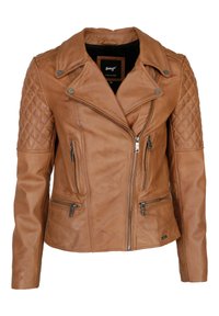 Braune Leder-Motorradjacke mit gesteppter Schulterpartie, Reißverschlusstaschen und silbernen Beschlägen. Figurbetontes Design mit umgeschlagenem Kragen.