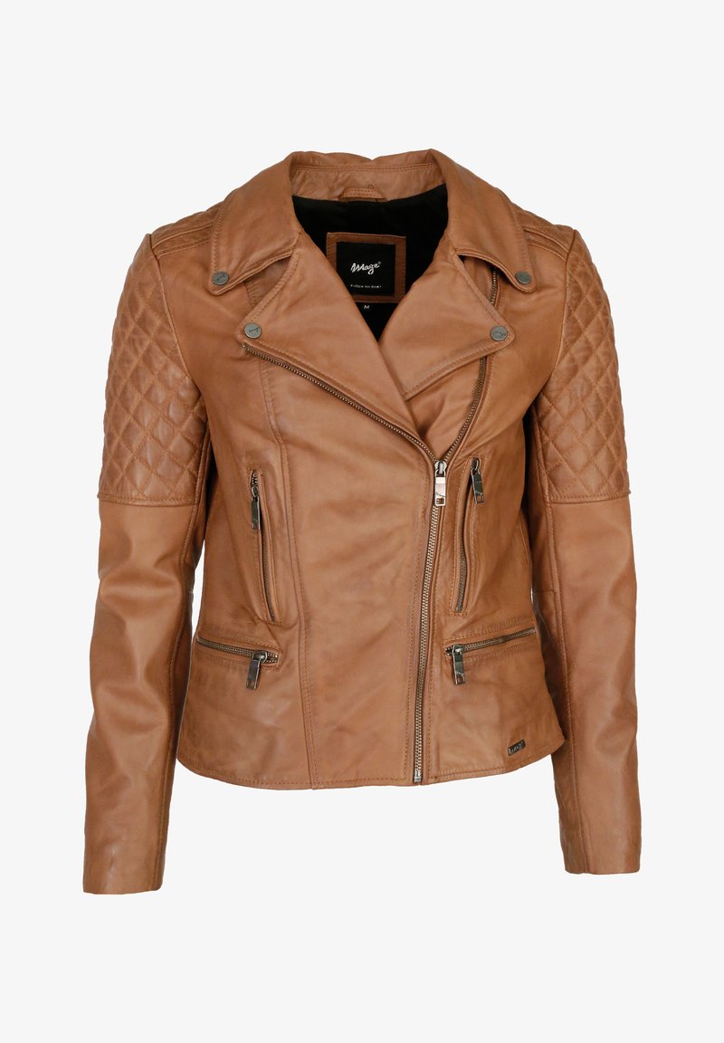 Braune Leder-Motorradjacke mit gesteppter Schulterpartie, Reißverschlusstaschen und silbernen Beschlägen. Figurbetontes Design mit umgeschlagenem Kragen.