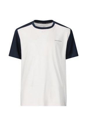T-shirt de sport junior à manches courtes avec corps blanc, manches bleu marine, col bleu marine, et petit logo "Endurance" sur la poitrine.