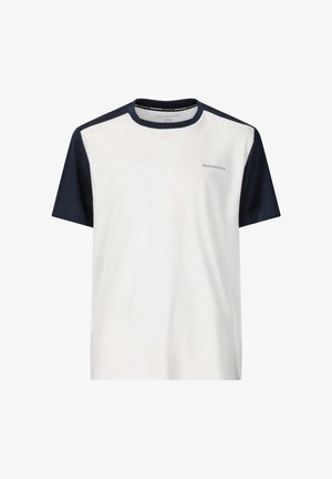 Junior-Sport-T-Shirt mit kurzen Ärmeln, weißem Körper, marineblauen Ärmeln, marineblauem Kragen und kleinem "Endurance"-Logo auf der Brust.