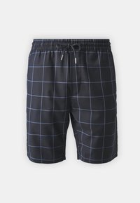 Bañador negro con un patrón de cuadrícula azul, cintura elástica y cierre con cordón. Hecho de material ligero y de secado rápido.