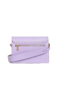 Lilac crossbody bag with a textured finish, front zip pocket, gold-tone hardware, and an adjustable strap. Compact rectangular design.