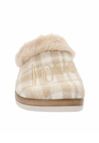Pantofole a quadri beige con un morbido colletto di pelliccia e dettagli ricamati "amore". Tessuto testurizzato con suola imbottita e forma arrotondata.