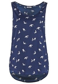 Top sans manches bleu marine avec motif de silhouettes d'oiseaux blanches et petite poche poitrine, col rond, ourlet arrondi.