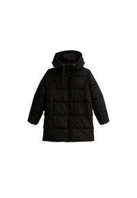 Musta toppatakki, jossa on huppu, etuvetoketju ja kaksi sivutaskua. Valmistettu tikatusta materiaalista, jossa on sileä pinta.