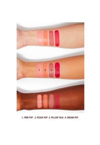 Four rows of lip swatches on arms: shades include light pink, peach, mauve, and red. Matte and glossy finishes visible, labeled 1 to 4.