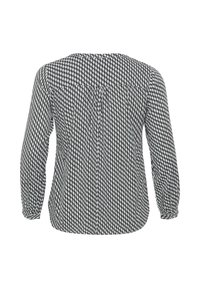 Black and white patterned blouse with long sleeves, loose fit, and gathered back detail. Geometric shapes create a textural appearance.