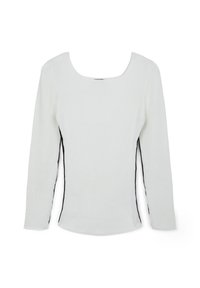 Top lungo a maniche lunghe bianco a coste, con scollo quadrato e dettagli neri ai lati. Tessuto morbido con una forma aderente e orlo curvo.