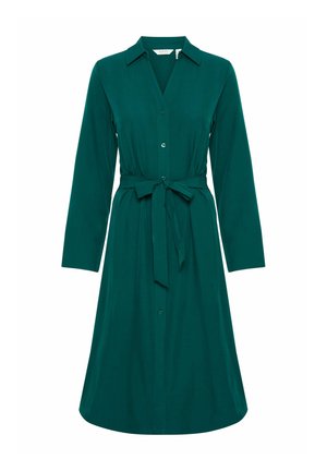 Tyrkis skjortedragt med krave, lange ærmer og et bundet bælte i taljen. Glat, blødt stof med en lige silhuet.