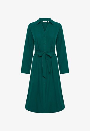 Aksamitna sukienka w kolorze niebieskozielonym z kołnierzykiem, długimi rękawami oraz przewiązanym paskiem w talii. Gładki, miękki materiał o prostym kroju.