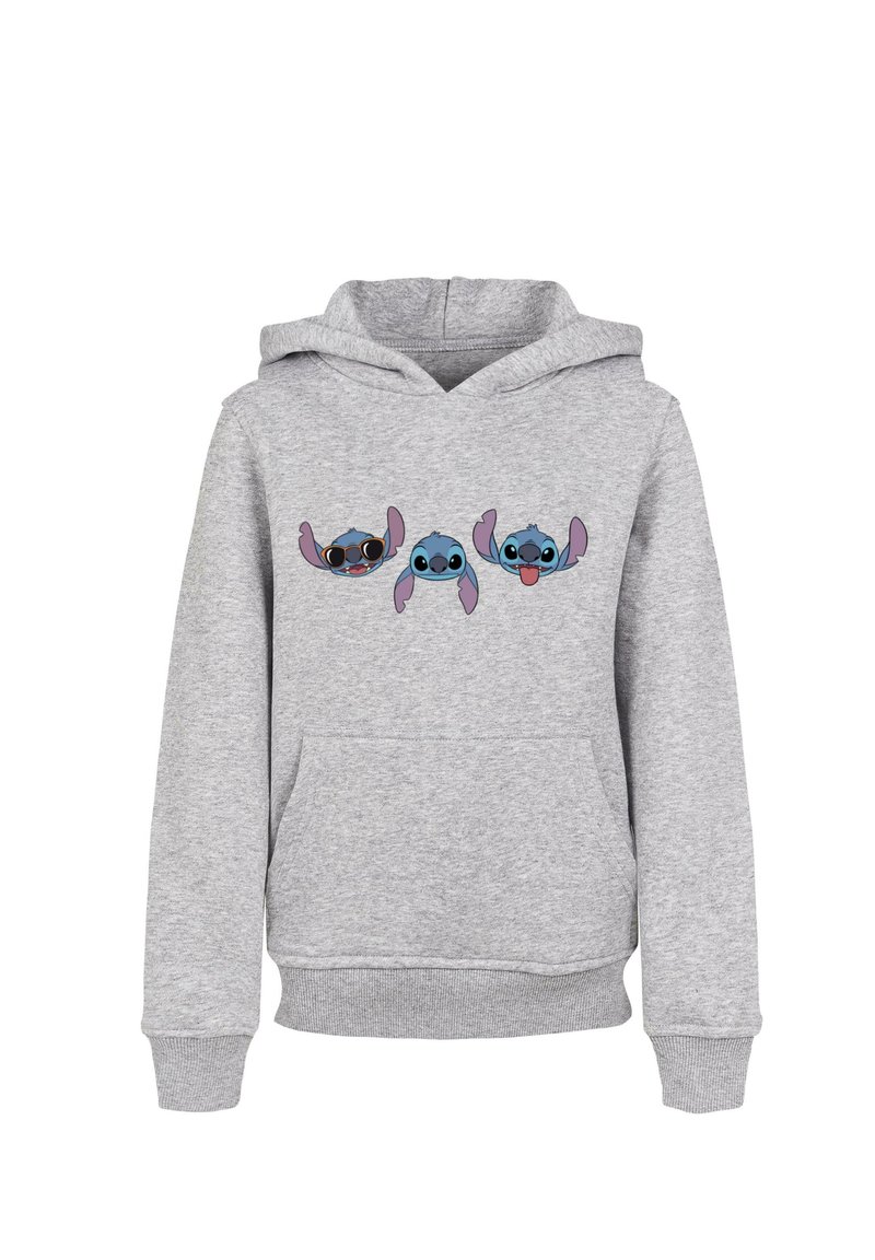 Sudadera gris con un bolsillo canguro frontal, que presenta tres caras de Stitch en diferentes expresiones. Hecha de una mezcla de algodón.
