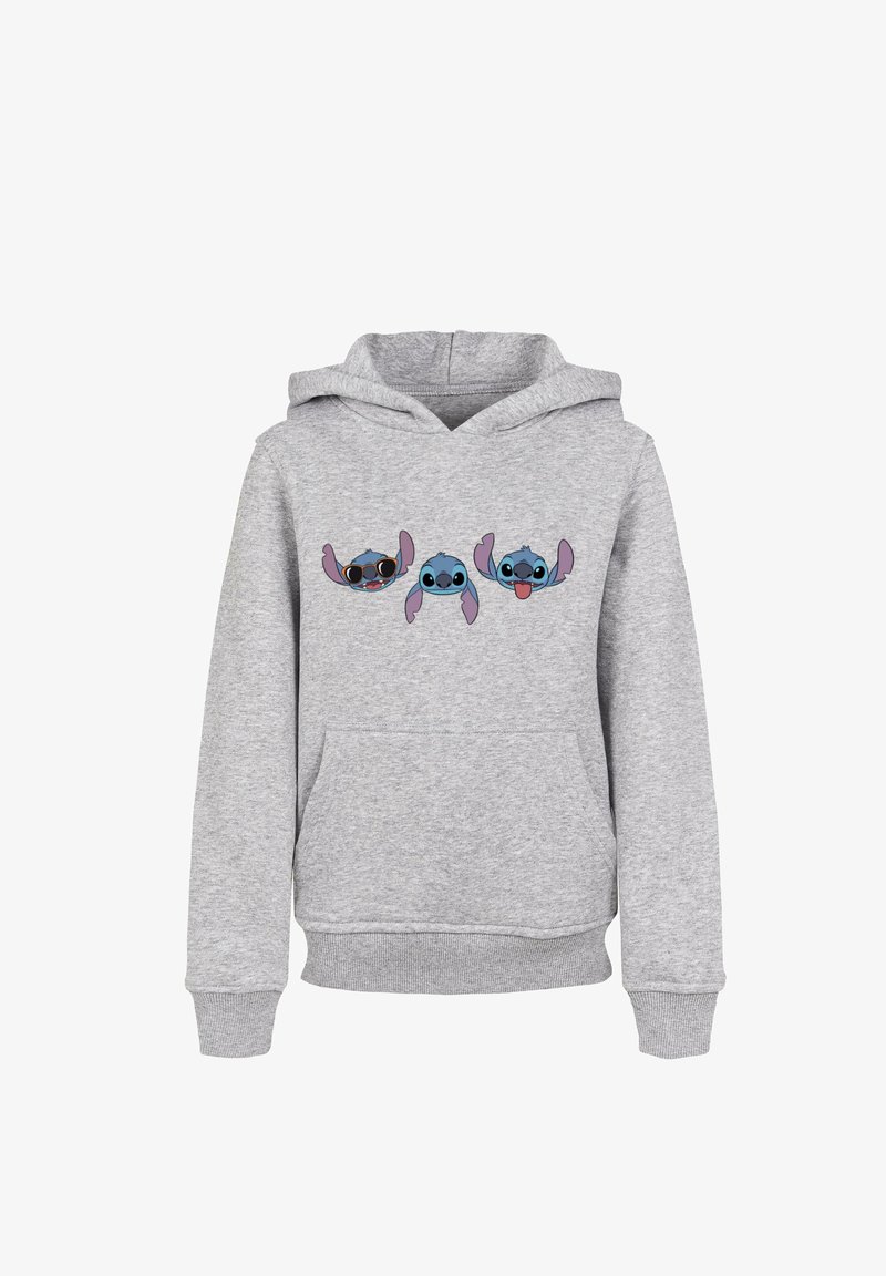 Šedá mikina s přední klokaní kapsou, na které jsou tři kreslené obličeje Stitche s různými výrazy. Vyrobena z bavlněné směsi.