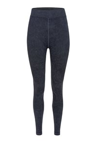 Leggings gris foncé avec une texture douce et brossée. Taille haute, élastique. Coupe slim, avec des coutures plates et sans pièces métalliques visibles.