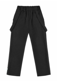 Czarne, luźne spodnie z gumką w pasie i dwiema bocznymi kieszeniami. Wykonane z fakturowanej tkaniny, nie mają widocznych wzorów.