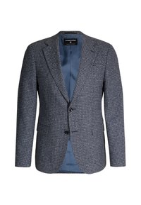 Marineblau gestrickter Blazer mit dezentem Karomuster, ausgestattet mit einem Reverskragen, Ein-Knopf-Verschluss und zwei vorderen Taschen. Glatte blaue Fütterung.