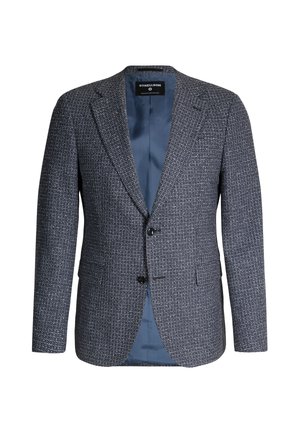 Marineblau gestrickter Blazer mit dezentem Karomuster, ausgestattet mit einem Reverskragen, Ein-Knopf-Verschluss und zwei vorderen Taschen. Glatte blaue Fütterung.