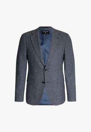 Marineblau gestrickter Blazer mit dezentem Karomuster, ausgestattet mit einem Reverskragen, Ein-Knopf-Verschluss und zwei vorderen Taschen. Glatte blaue Fütterung.