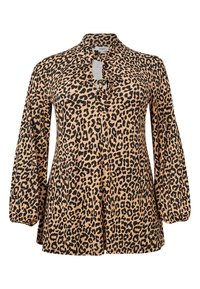 Leopardenmuster Bluse in Beige und Schwarz, mit einem Schlüsselloch-Ausschnitt, langen Ärmeln und einer lockeren Passform. Aus leichtem Stoff hergestellt.