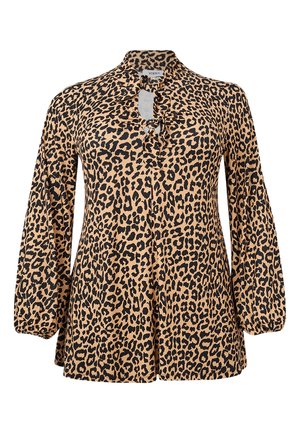 Leopardprint blouse in beige en zwart, met een keyhole-halslijn, lange mouwen en een relaxte pasvorm. Gemaakt van lichtgewicht stof.