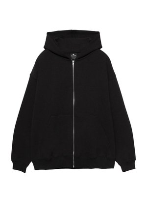 Schwarze Reißverschluss-Hoodie aus weichem Material. Mit einer großen Kapuze, Oversized-Schnitt, Vorderentaschen und gerippten Bündchen sowie Saum.