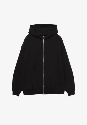 Hanorac cu fermoar de culoare neagră, confecționat dintr-un material moale. Are o glugă mare, o croială supradimensionată, buzunare frontale și manșete și tiv din material texturat.