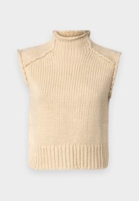 Beige ærmeløs højhalset sweater lavet af ribstrikket materiale, med et struktureret mønster og en tætsiddende talje.