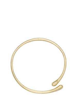 Goldfarbenes Metallarmband mit glattem, geschwungenem Design und offenen Enden. Es zeichnet sich durch eine minimalistische Form mit polierter Oberfläche aus.
