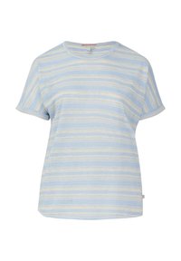 Lichtblauwe T-shirt met korte mouwen, voorzien van lichtbruine horizontale strepen, ronde halslijn en een relaxte pasvorm. Zachte stof met een minimale textuur.