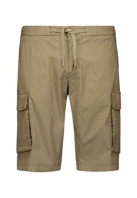 Khaki cargoshorts van lichtgewicht stof, met een elastische tailleband, trekkoord en twee zijzakken met kleppen.