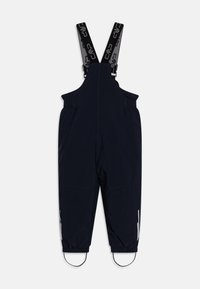 Navy vanntette snøbukser med justerbare svarte stropper. Har elastiske mansjetter og hvite reflekterende detaljer for synlighet. Lettvektig stoff.