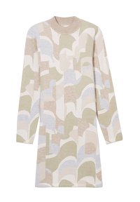 Strikkjole med et abstrakt mønster i dæmpede farver: beige, olivengrøn, blød blå. Lange ærmer og design med rund hals.