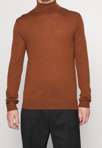 Mann, der einen enganliegenden braunen Rollkragenpullover und schwarze Hose trägt und vor einem schlichten hellen Hintergrund steht.