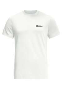 Weißes Baumwoll-T-Shirt, kurzärmlig, mit Rundhalsausschnitt. Mit einem schwarzen Jack Wolfskin-Logo im oberen linken Brustbereich.