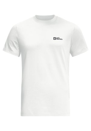 Weißes Baumwoll-T-Shirt, kurzärmlig, mit Rundhalsausschnitt. Mit einem schwarzen Jack Wolfskin-Logo im oberen linken Brustbereich.