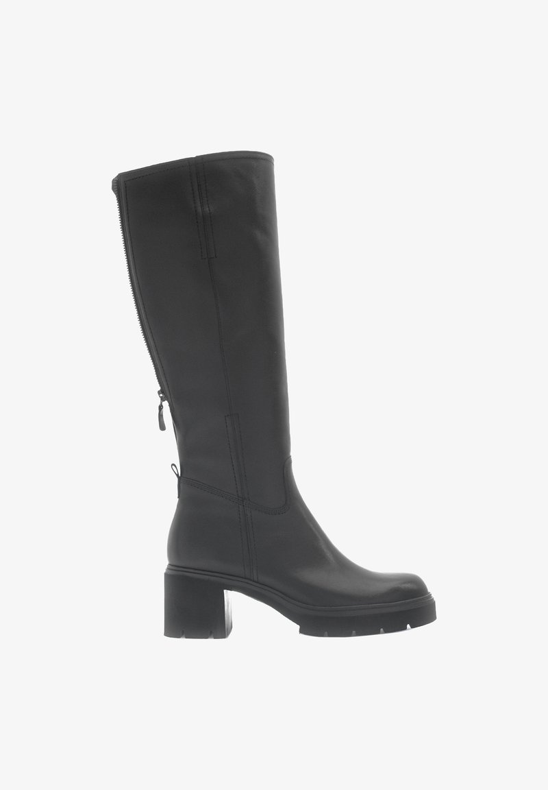 Botte noire montante en cuir lisse avec un talon épais, fermeture éclair sur le côté et détails de coutures subtils. Semelle en caoutchouc plat pour une meilleure adhérence.