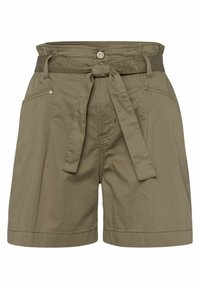 Shorts en khaki taille haute avec une ceinture en tissu nouée devant, poches avant, passants de ceinture et fermeture par bouton et zip.