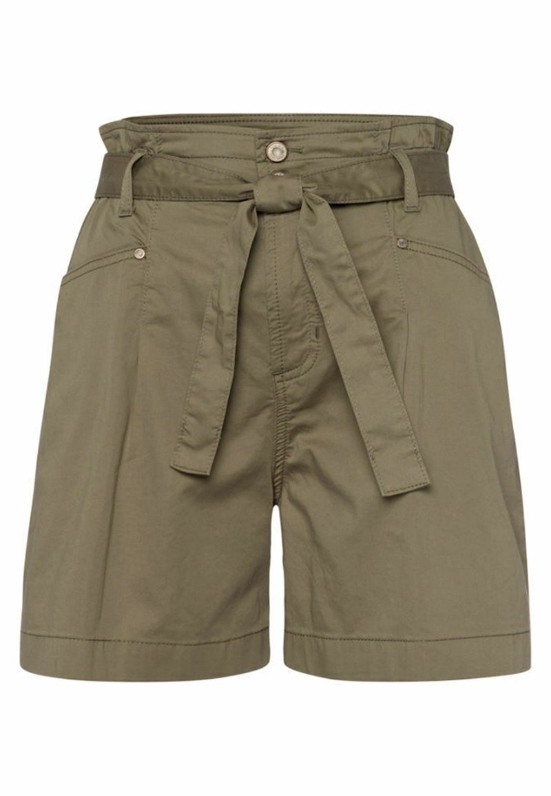 Shorts en khaki taille haute avec une ceinture en tissu nouée devant, poches avant, passants de ceinture et fermeture par bouton et zip.