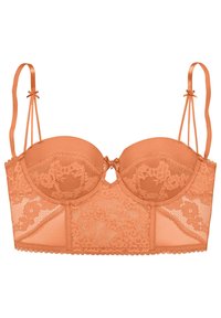 Reggiseno balconette in pizzo color pesca, con coppe modellate, spalline regolabili, un fiocco centrale e dettagli in pizzo floreale.