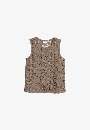 Brun ærmeløs top i blonde med blomster mønstre, der har indviklede detaljer og rund udskæring. Mærke: Kappahl.