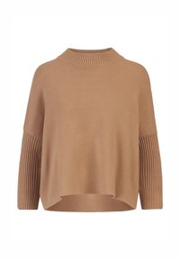 Hellbrauner Strickpullover mit einem gerippten Rollkragen und gerippten Ärmeln. Hat eine lockere Passform und einen geraden Saum am unteren Ende.