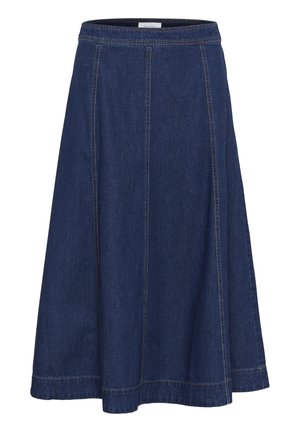 Denim A-line skirt in dark blue with a fitted waist, panel stitching, and a flared hem. Smooth texture with visible seams and a minimalist design.