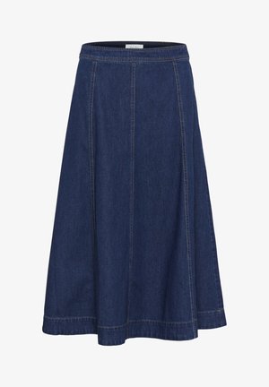 Tumesinine A-line seelik, kitsas vöökoht, paneelõmblemine ja laienev äär. Sile tekstuur nähtavate õmblustega ja minimalistlik disain.