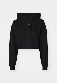 Black cropped hoodie with long sleeves, drawstring hood, soft cotton material, and a subtle logo in the center. Classic ribbed cuffs.